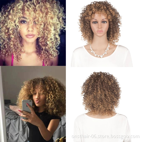 T27/33 Color 14'' Short Afro Curly Hair Wig With Bangs Heat Resistant Fiber Kinky Curly Synthetic Hair Wigs For American African